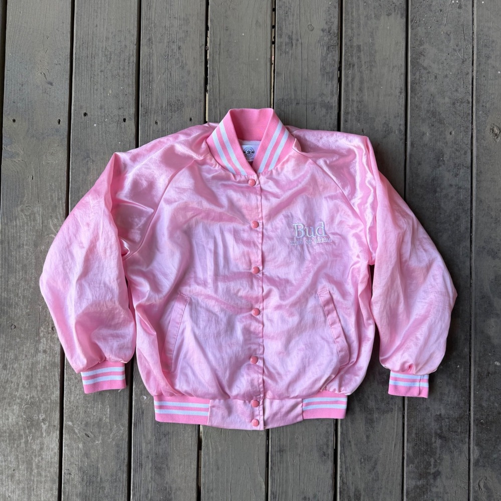 VTG Budweiser Pink Satin Bomber Jacket Vintage King of Beers Varsity Made in USA